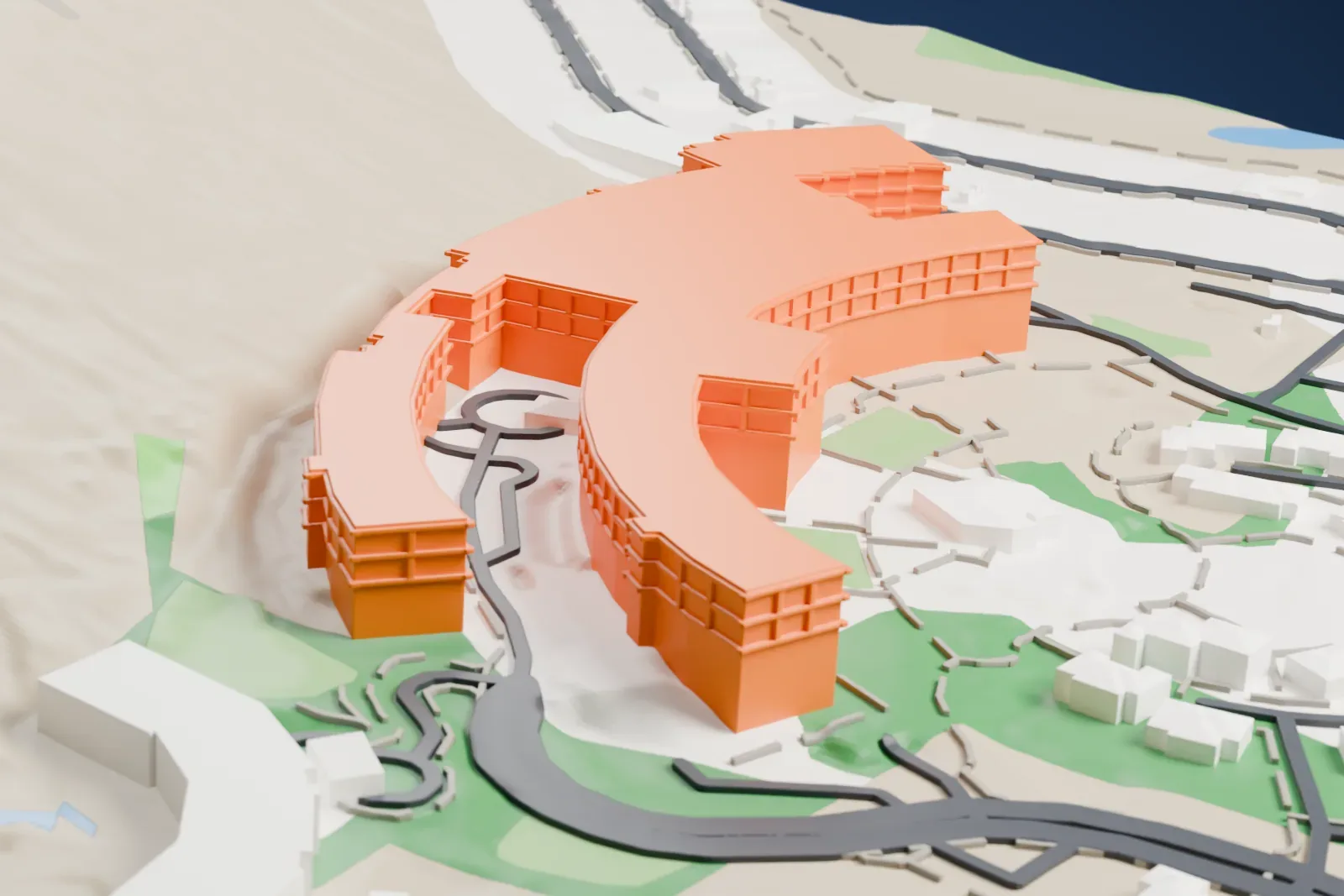 A white 3D print of The Phoenician, a resort of long curved wings with rows of balconies, set against a steep mountain slope with roads and houses below.