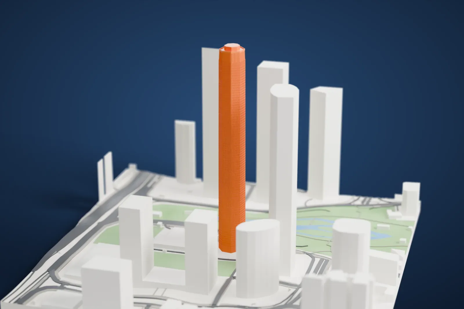 A white 3D print of The Pinnacle, a tall skyscraper rising above the surrounding city blocks.
