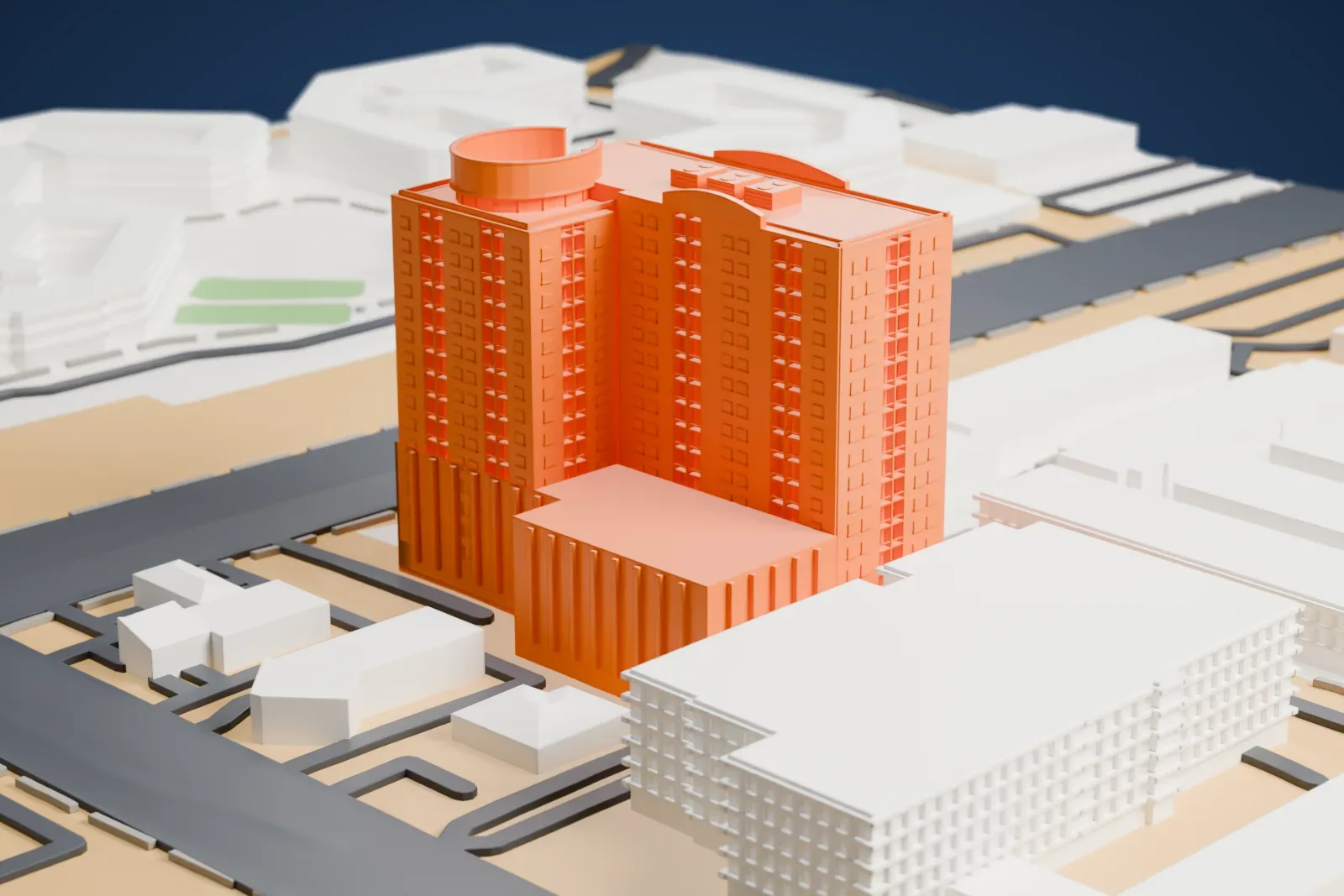 A white 3D print of The Platinum, a tall slab building with a round ring on its roof and a lower base, standing beside roads and neighboring buildings.