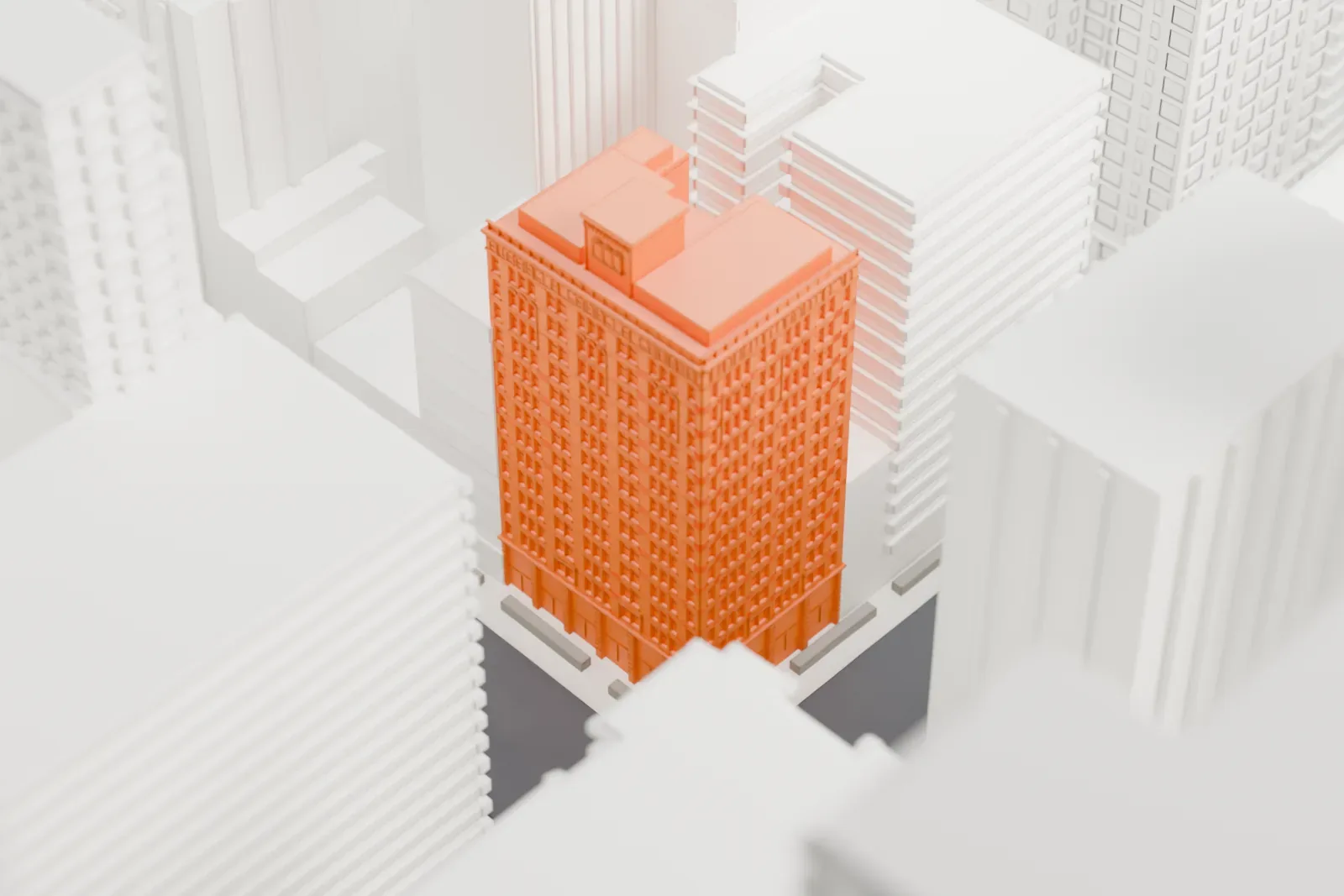 A white 3D print of The Quin hotel among the surrounding buildings.