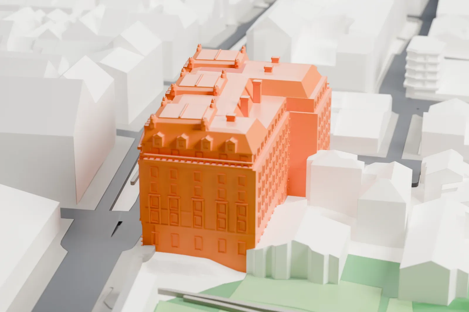 A white 3D print of The Ritz Hotel in London, shown among the surrounding streets and buildings.