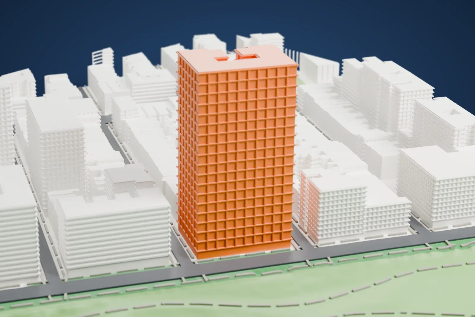 A white 3D print of The San Remo, a twin-towered apartment building beside a green park edge and water, with Upper West Side buildings around it.