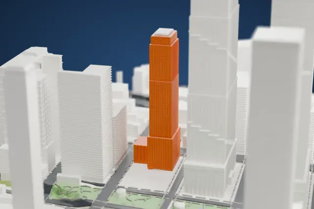 A white 3D print of the The Set model in New York, with the streets around it.