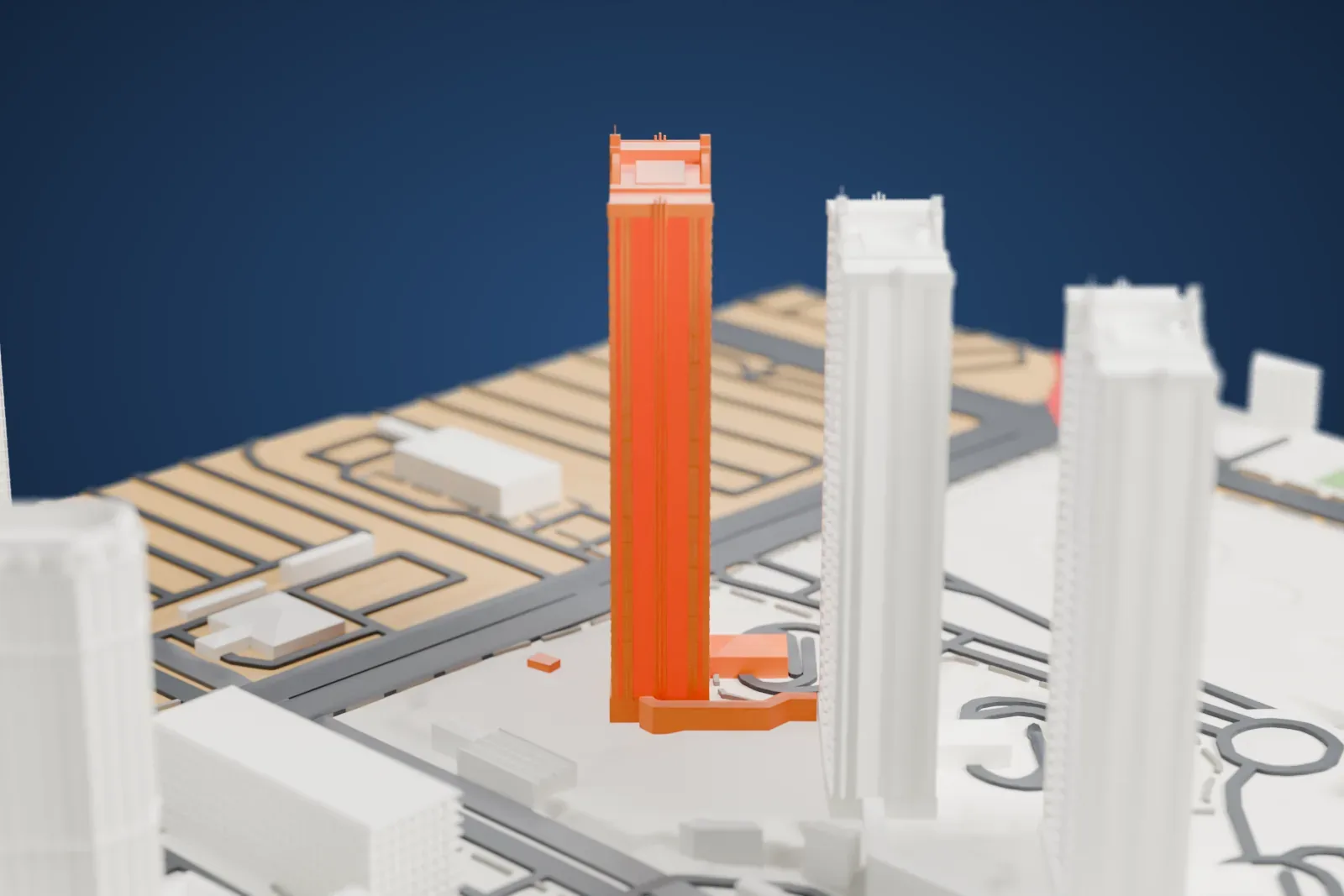 A white 3D print of The Signature at MGM Grand, three identical tall slender towers with arched tops, standing side by side among roads, driveways and large neighboring buildings.