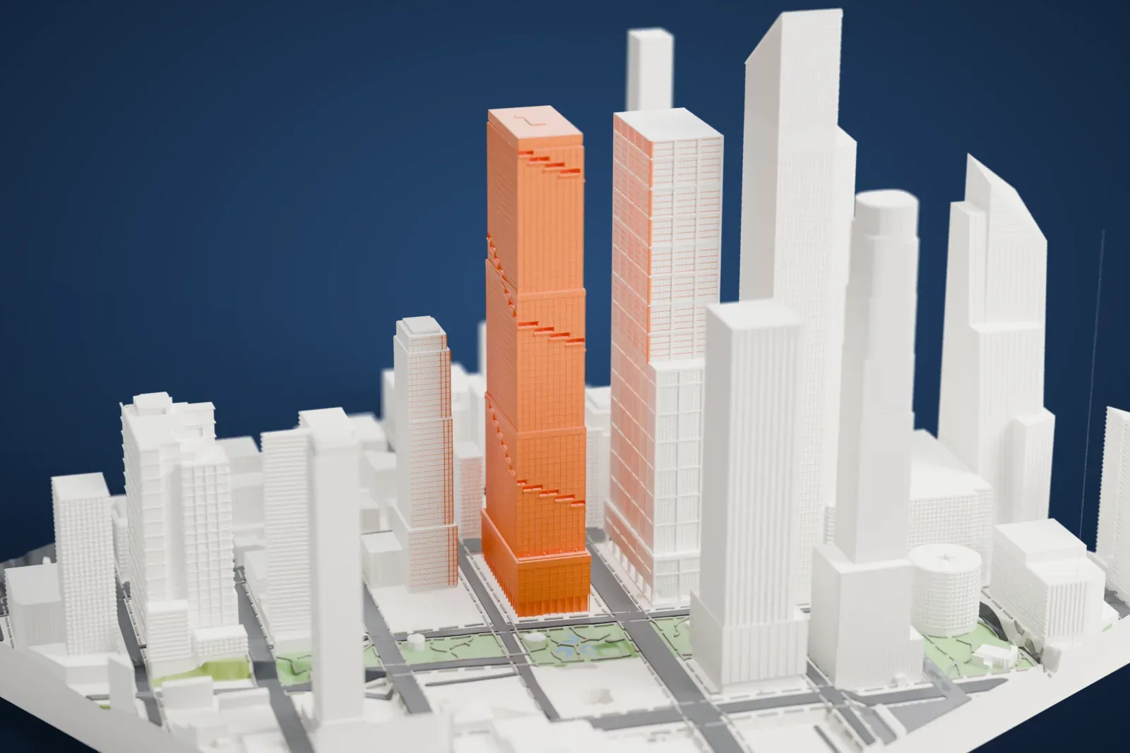 A white 3D print of The Spiral, a tall rectangular tower with stepped terraces climbing its facade, rising among neighboring skyscrapers.