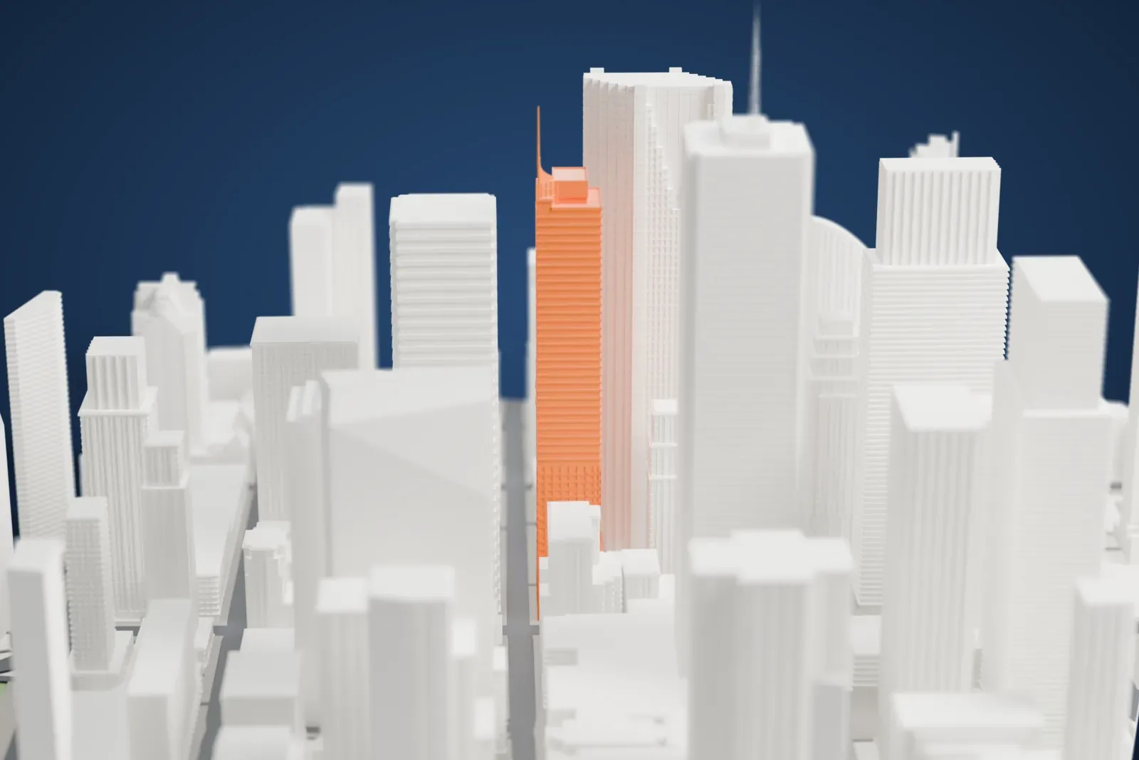 A white 3D print of The St. Regis Toronto among the surrounding streets and buildings.