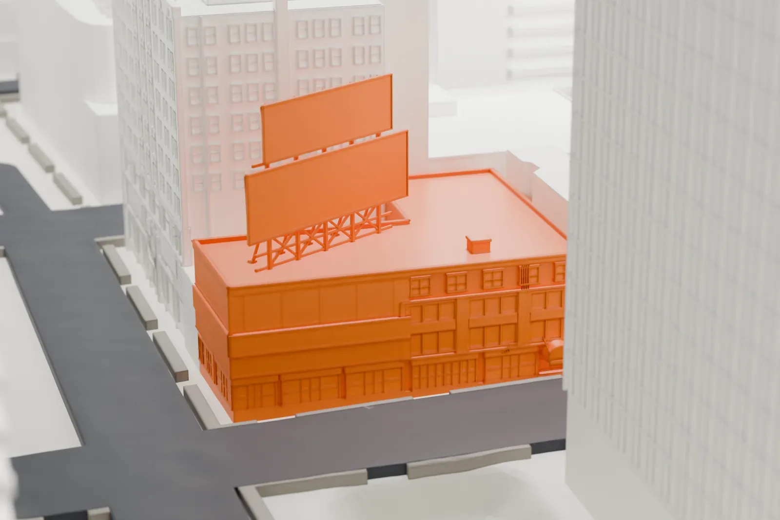 A white 3D print of The Theater Center among the surrounding buildings.