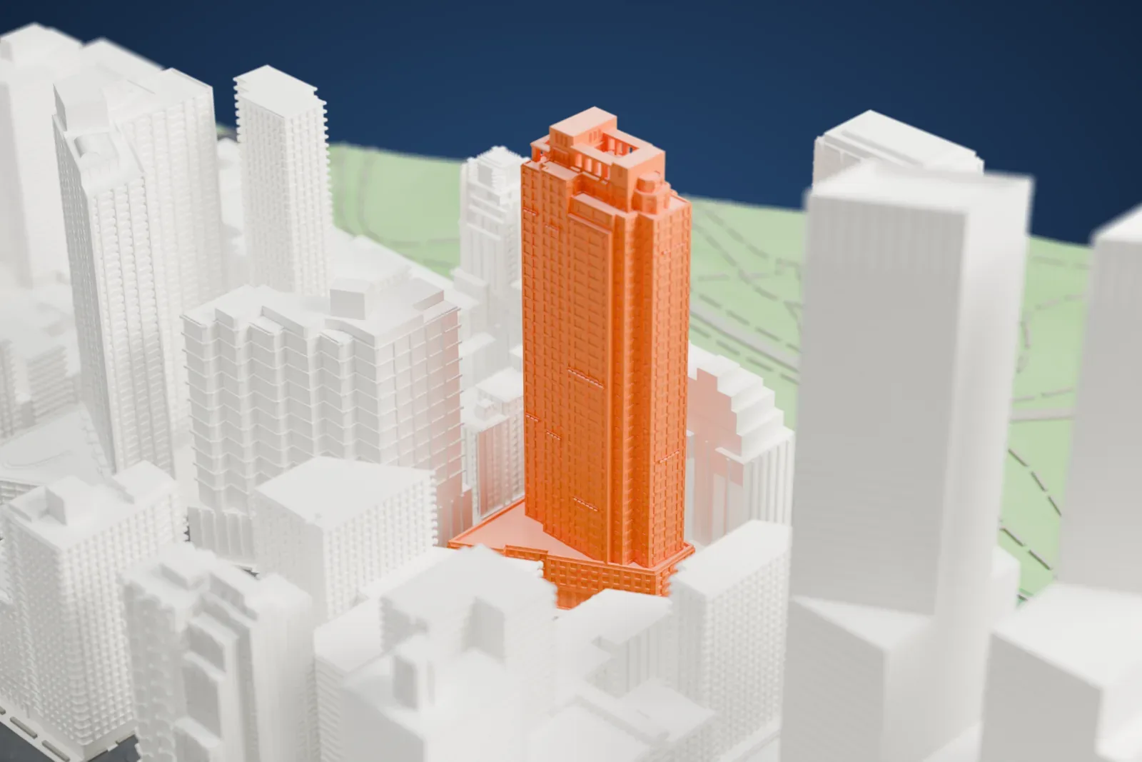 A white 3D print of the Tower of 15 Central Park West, a tall stepped tower, standing among taller and lower buildings with park greenery and a street nearby.
