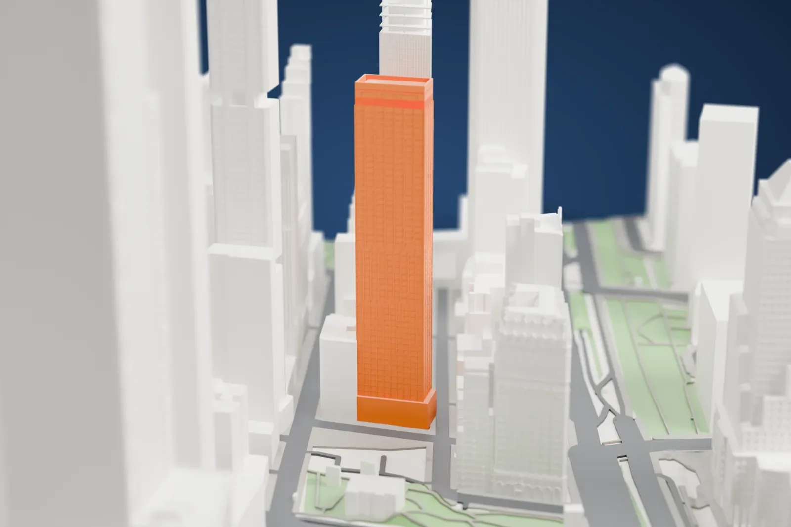 A white 3D print of The Washington tower among the surrounding streets and buildings of Lower Manhattan.