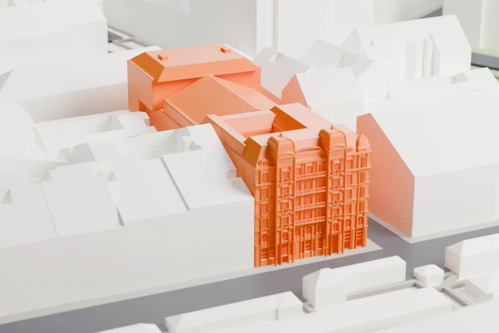 A white 3D print of the Theater an der Wien in Vienna, with its street facade along the Left Wienzeile and surrounding buildings.