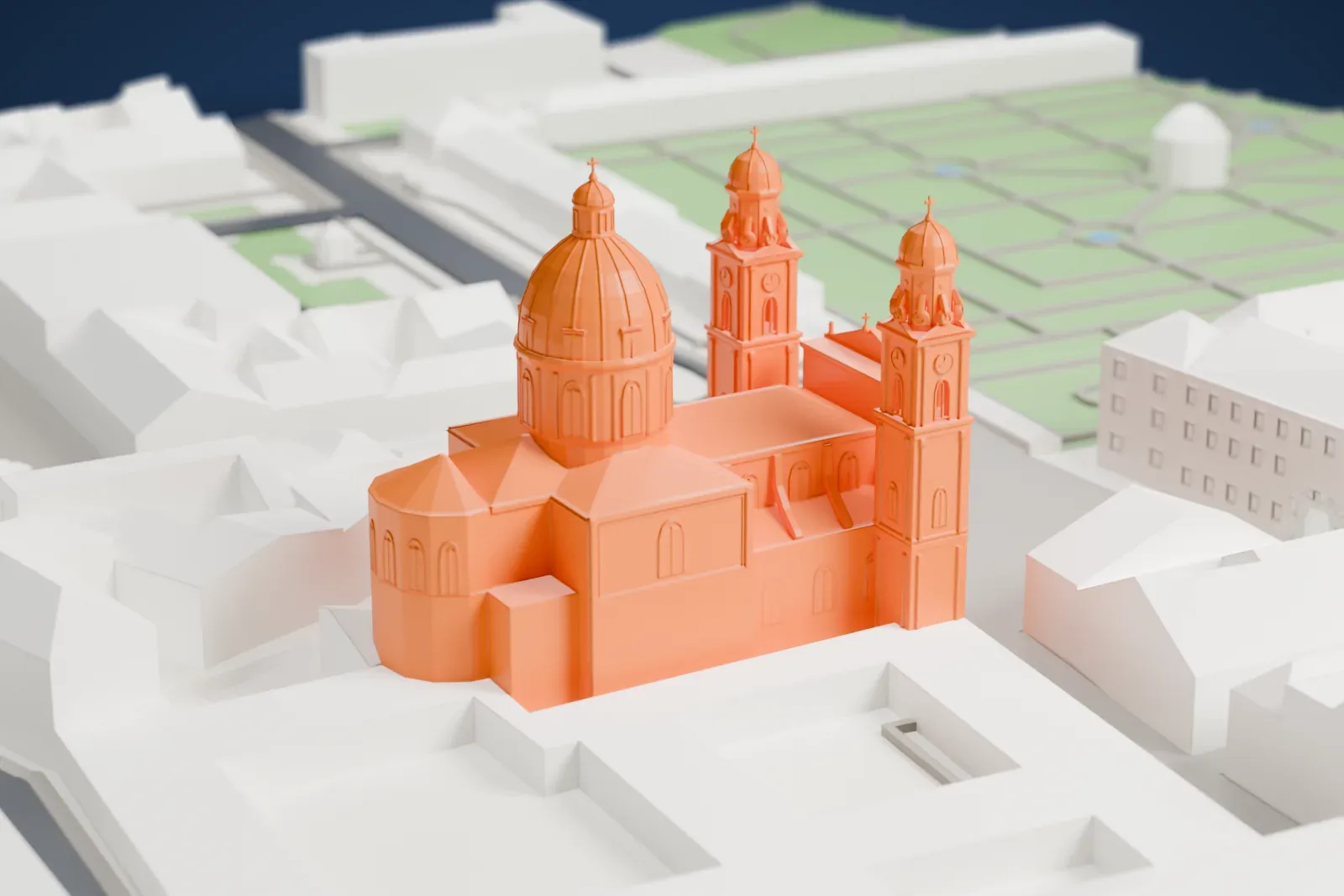 A white 3D print of the Theatine Church in Munich, with its dome and two towers rising above the surrounding buildings.
