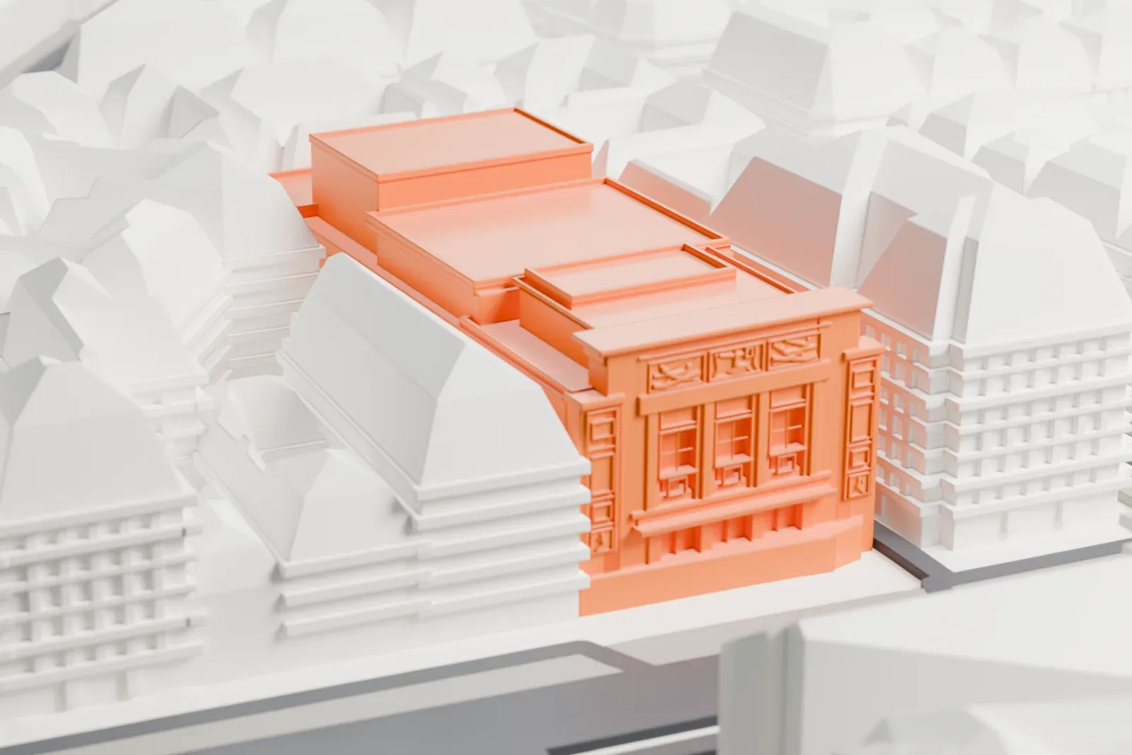 A white 3D print of the Théâtre des Champs-Élysées in Paris among the surrounding streets and buildings.