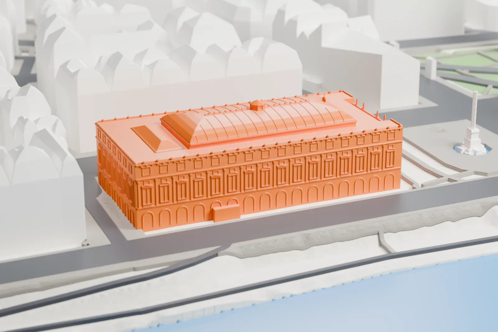 A white 3D print of the Théâtre du Châtelet on the Place du Châtelet, with surrounding streets and buildings.