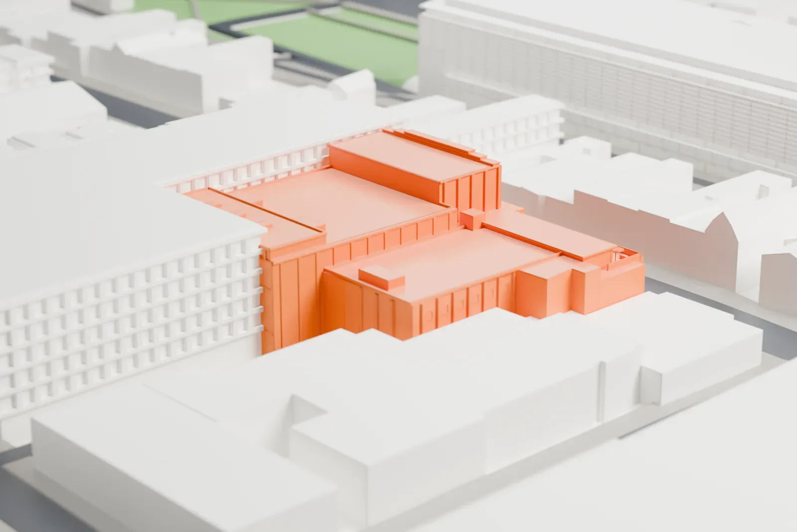 A white 3D print of Théâtre Saint-Denis, a theater building, among the surrounding streets and buildings of Montreal.