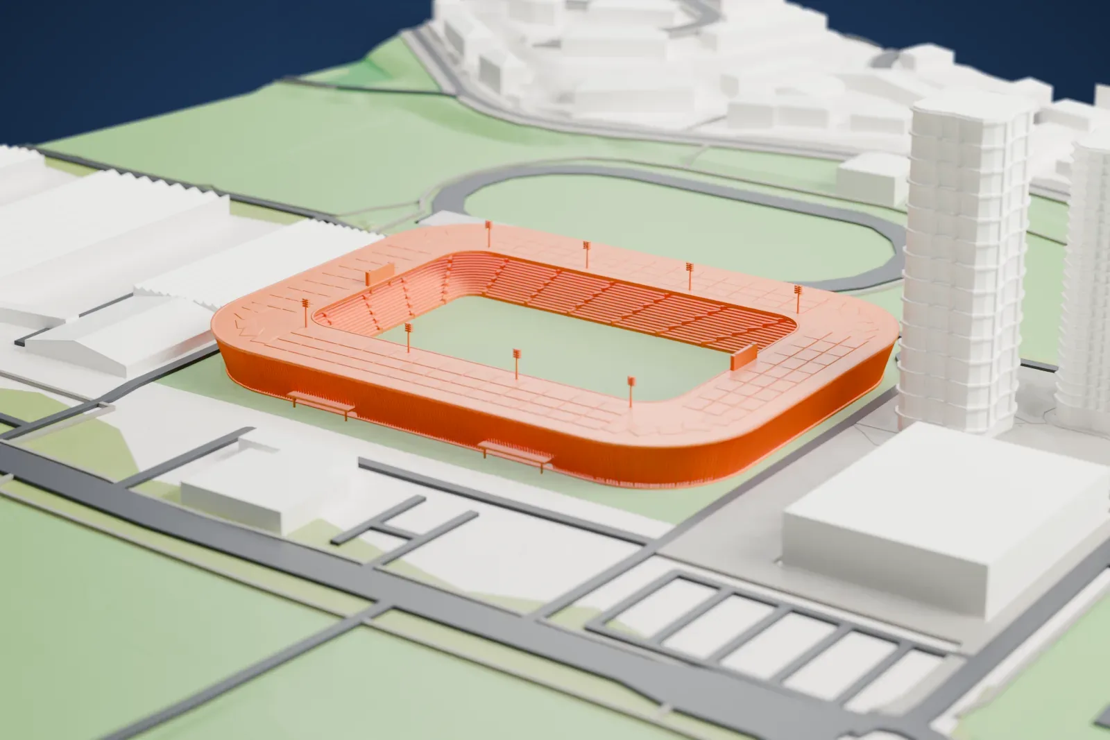 A white 3D print of the Thermoplan Arena, a rounded stadium with an open center and slender roof masts, among surrounding streets and buildings.
