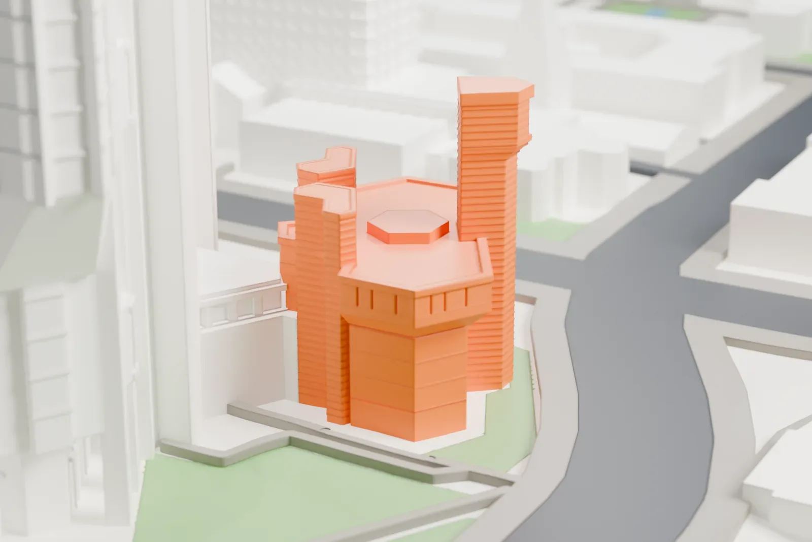 A white 3D print of the Thomas Fisher Rare Book Library with the surrounding streets and buildings of Toronto.