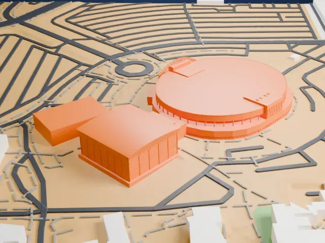 Thomas & Mack Center model, East view
