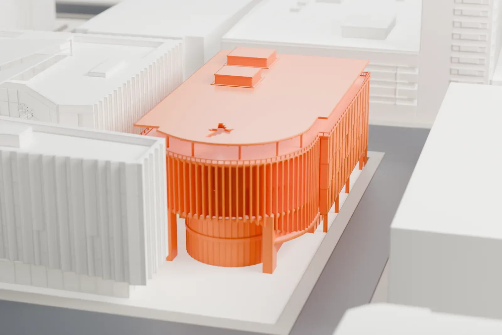 A white 3D print of the Thunderbird School of Global Management Building, a five-story building with a curved metal screen and an open rooftop terrace, among surrounding Phoenix streets and buildings.