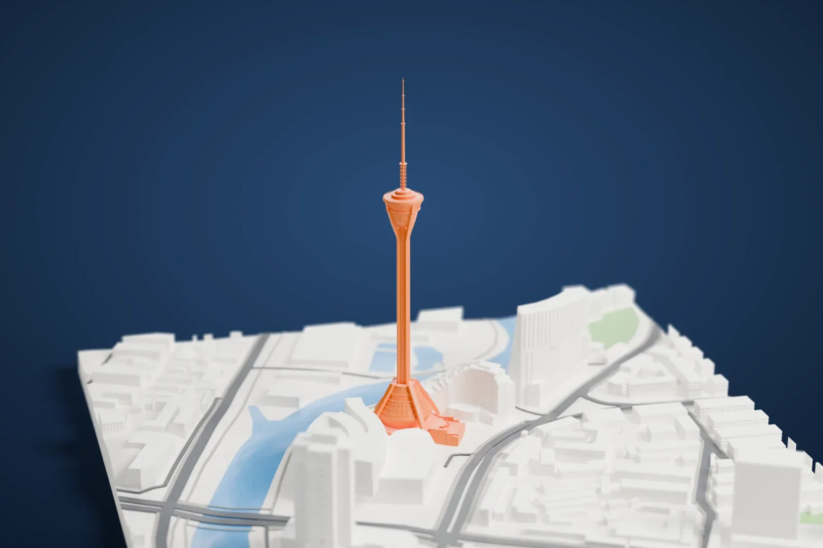 A white 3D print of Tianfu Panda Tower, a tall slender tower with a flared pod and a thin mast, rising beside a river and city blocks.