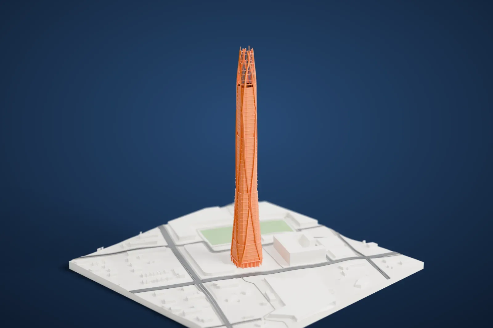 A white 3D print of the Tianjin CTF Finance Centre, a curved tower rising above the streets and buildings of Binhai New Area.