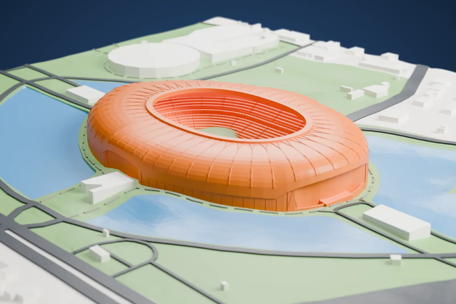 A white 3D print of the Tianjin Olympic Centre, a smooth drop-shaped shell rising to a rim around an oval roof opening at its top, among the surrounding streets and buildings.