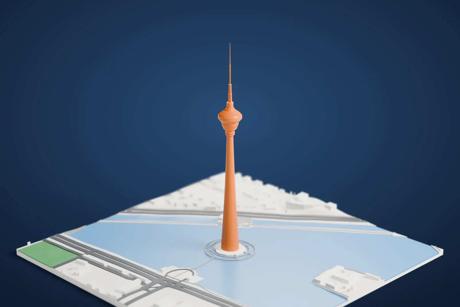 A white 3D print of the Tianjin Radio and Television Tower, a slender tapering tower with a round pod and a thin mast, standing on a small island with water around it.