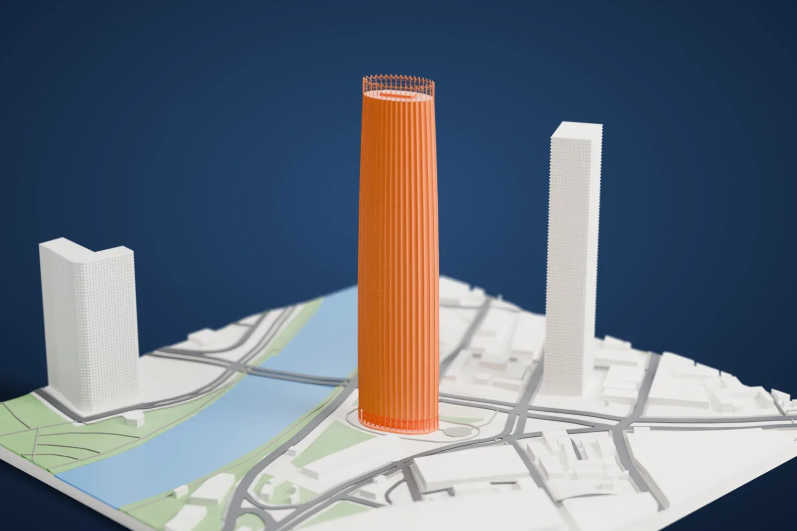 A white 3D print of the Tianjin World Financial Center, a tall tapering tower with vertical ribs and an open crown, standing near a river and city roads.
