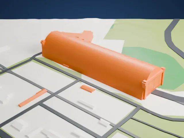 Tillamook Air Museum model, East view
