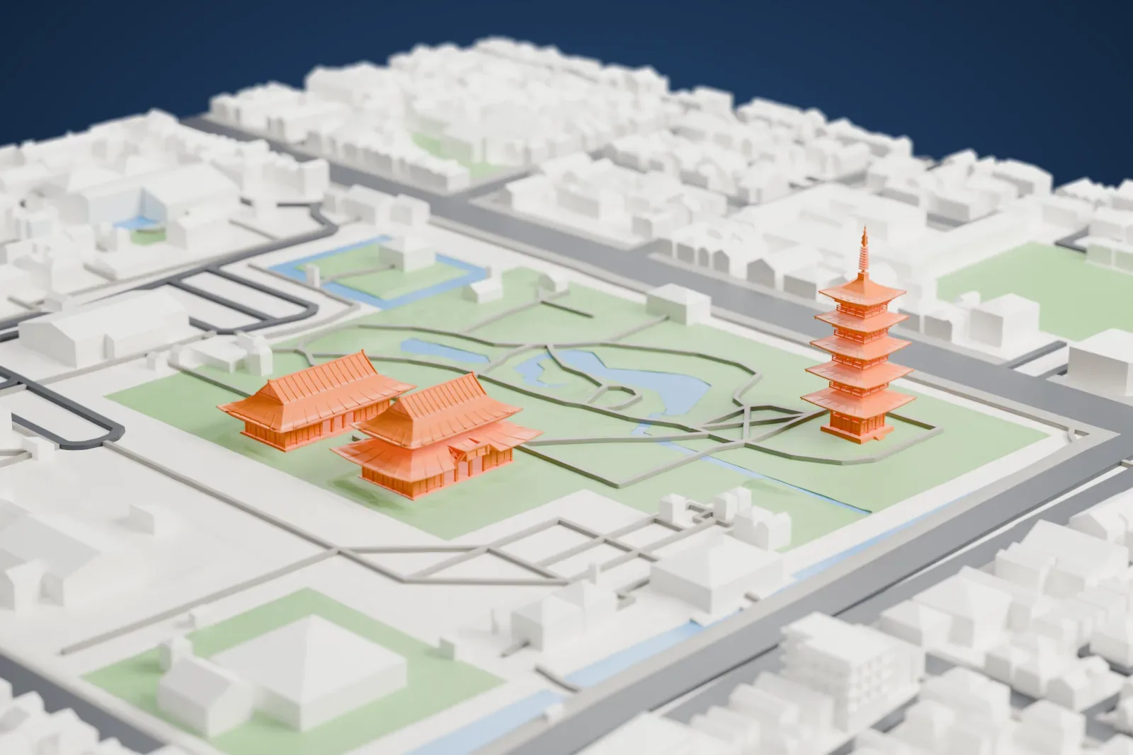 A white 3D print of Tō-ji, with its five-storied pagoda rising above the temple halls and the surrounding streets and buildings of Kyoto.