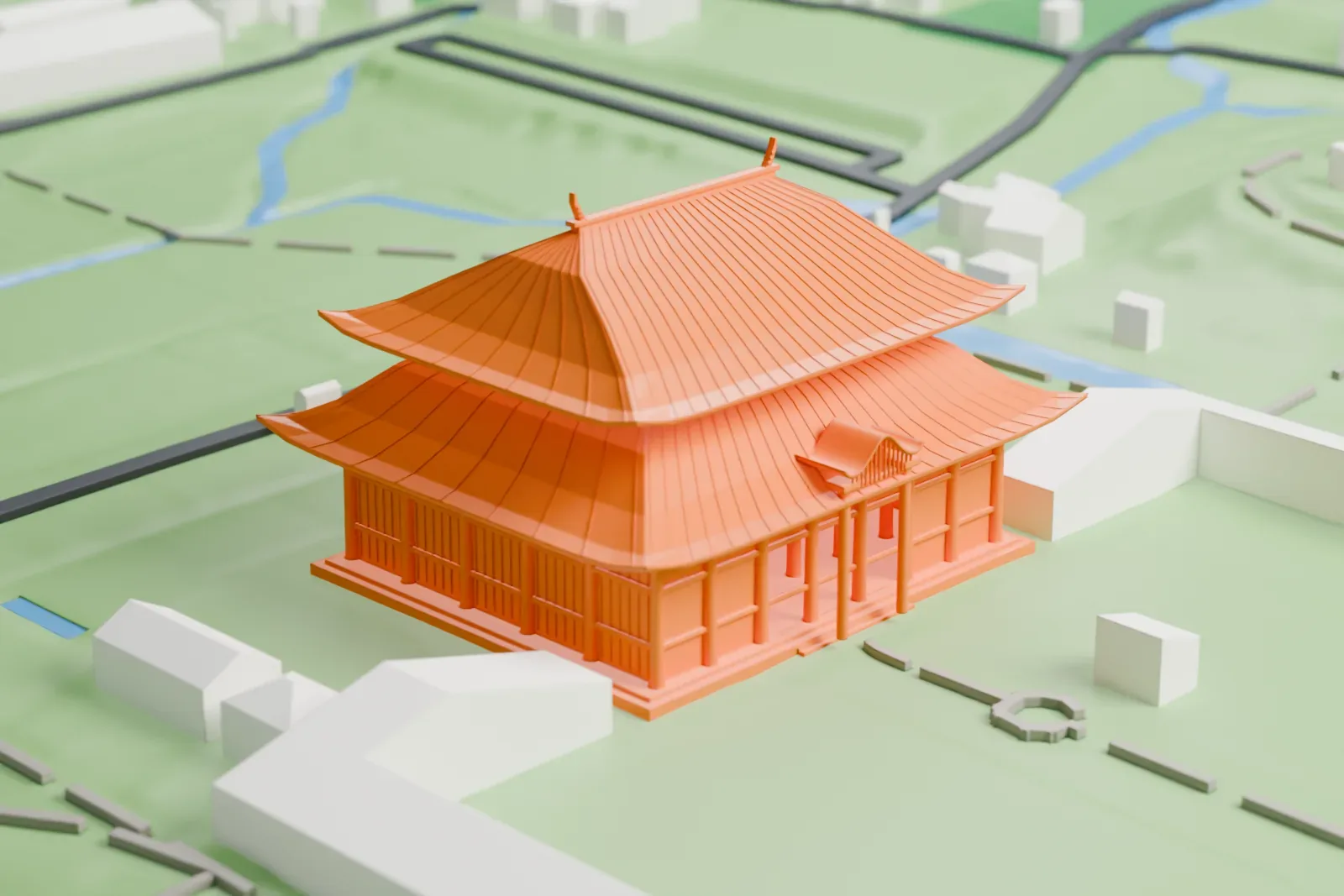 A white 3D print of Todai-ji, a wide hall under a huge double-tiered roof with upturned ridge ornaments, set among green lawns, streams, paths and a few buildings.
