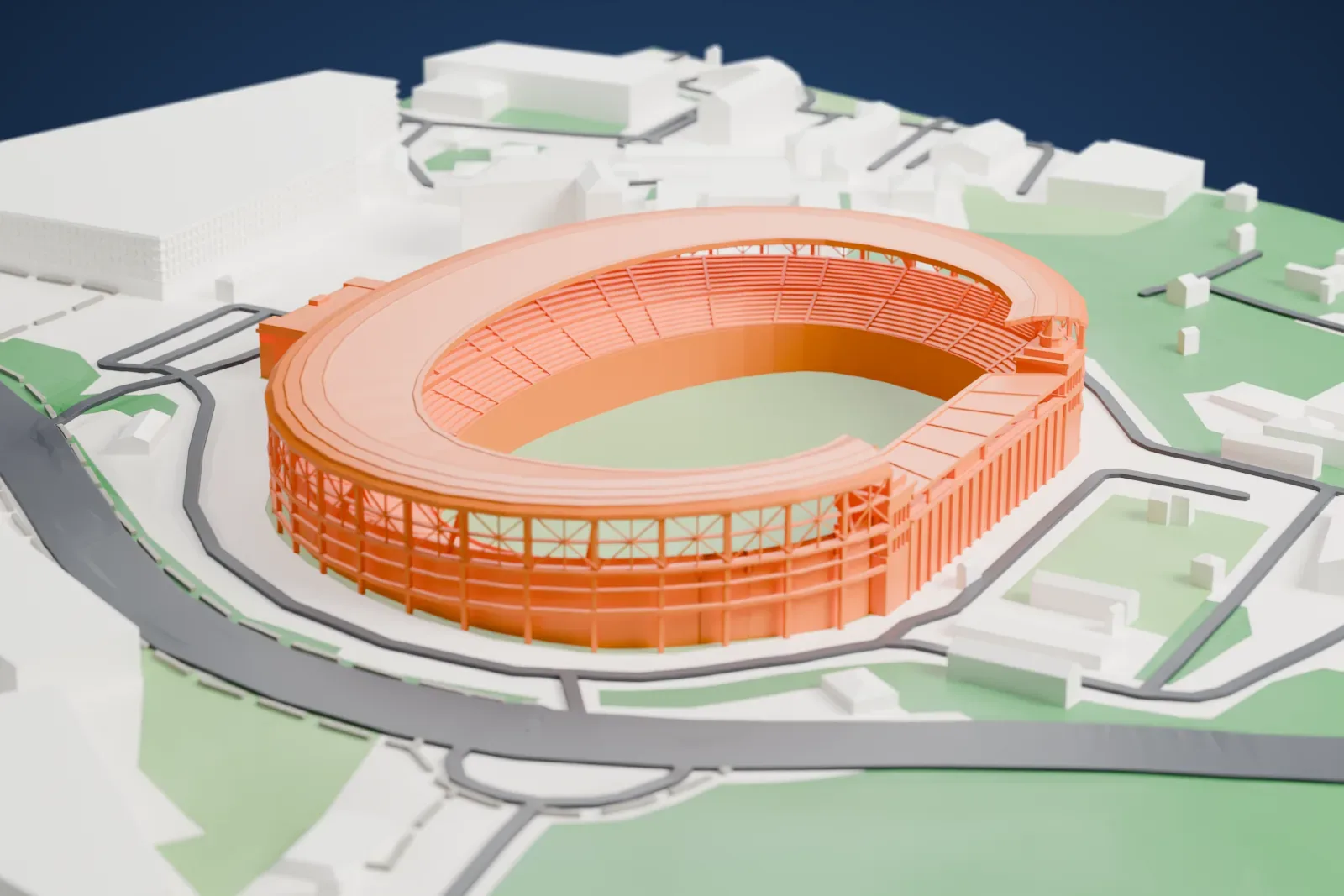 A white 3D print of the Tofiq Bahramov Republican Stadium, a C-shaped bowl of stands under a domed ring roof, with a colonnaded entrance pavilion and two stone towers with spires at the south end, among the surrounding streets and buildings.