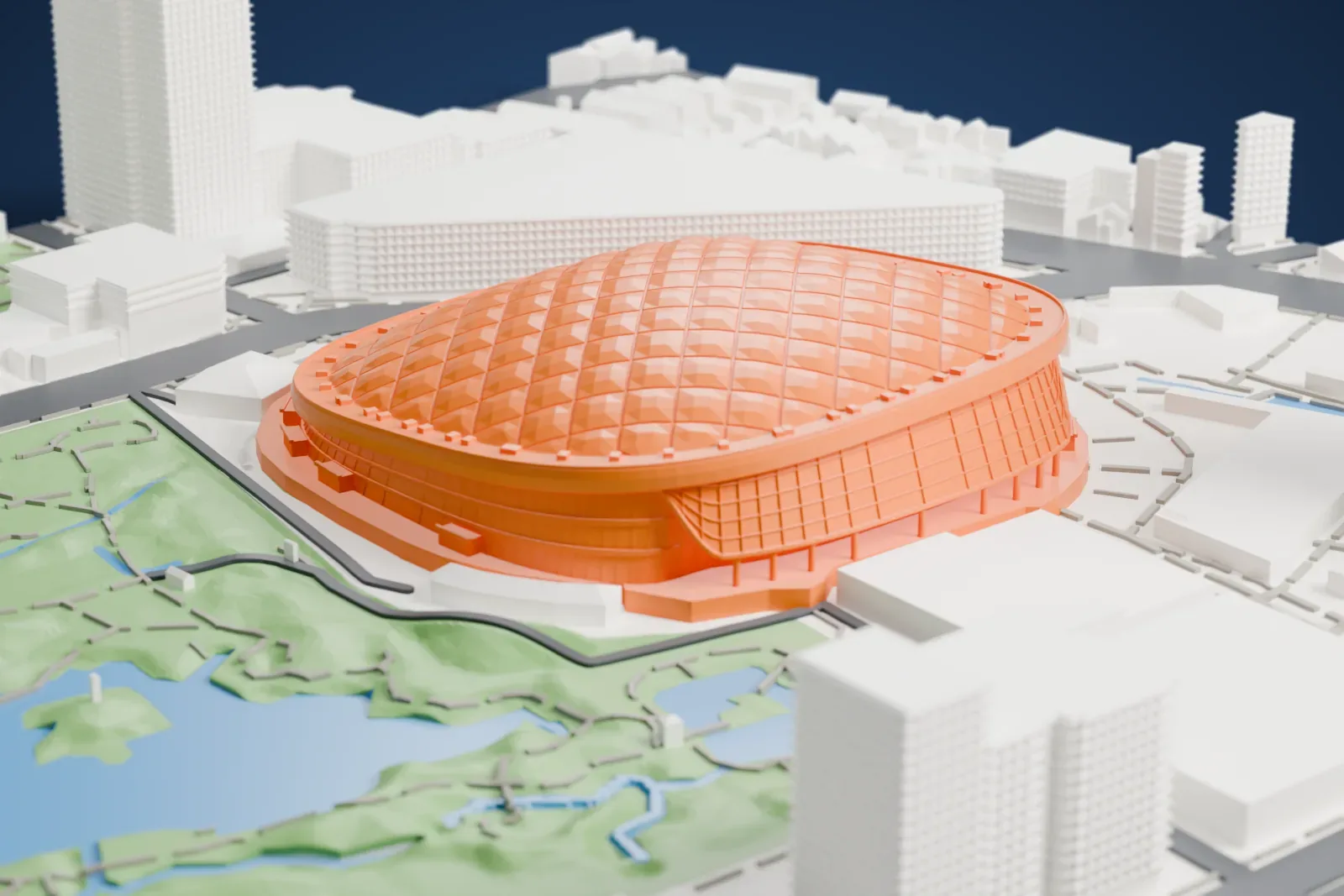 A white 3D print of Tokyo Dome, a low pillowed dome on a rounded square with a broad rim and a glazed canopy over the south front, among the surrounding streets and buildings.