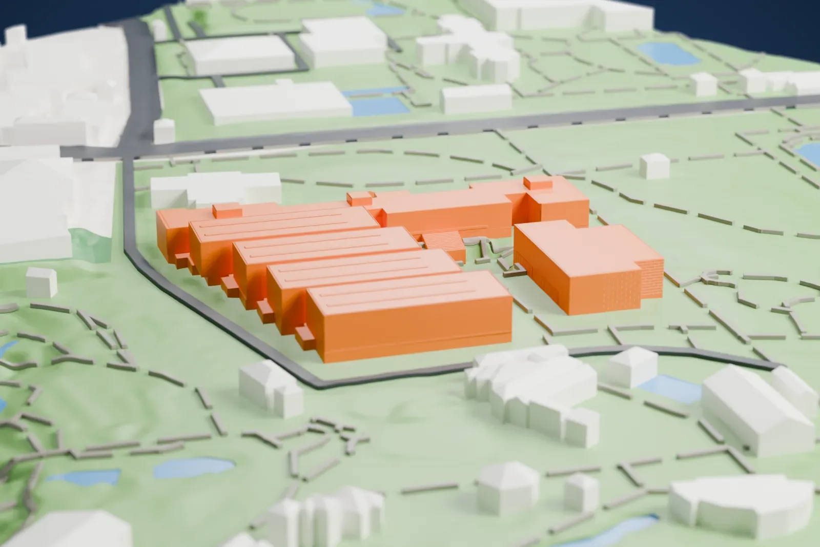A white 3D print of the Tokyo Metropolitan Art Museum, a low complex of long ridged blocks and a taller block, set in a green park with paths and ponds.