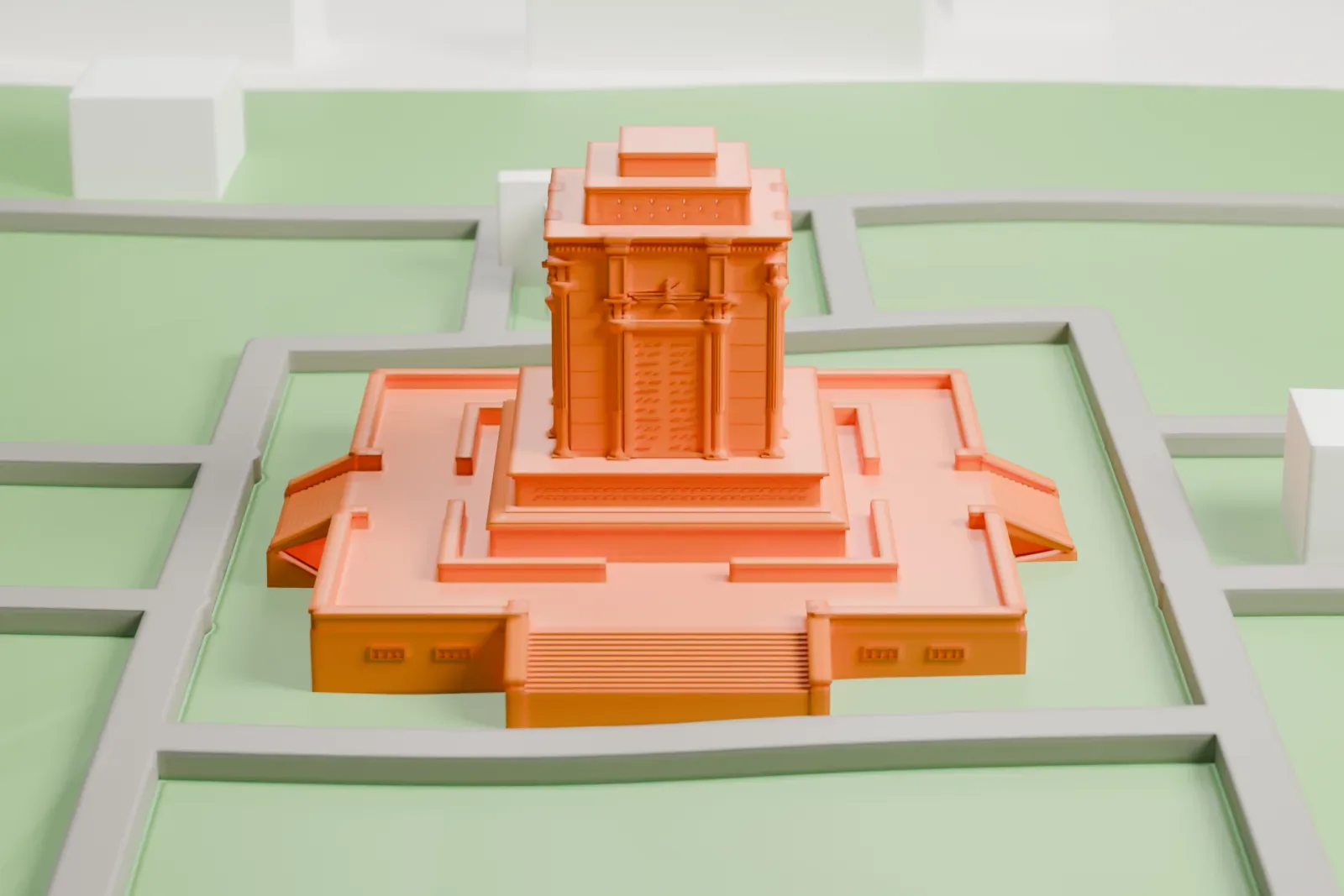 A white 3D print of the Tomb of Ferdowsi, a square marble chamber with tall corner columns and a stepped base on a broad terrace, among surrounding streets and buildings.