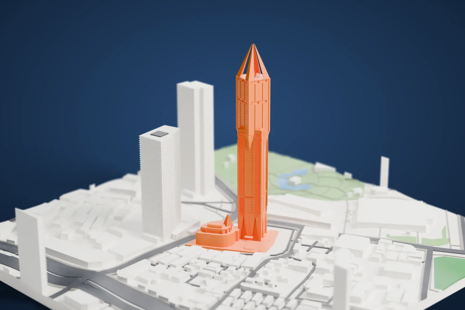 A white 3D print of Tomorrow Square, a tall tower with a pointed, open crown and a low base, among surrounding streets, buildings and a green park.
