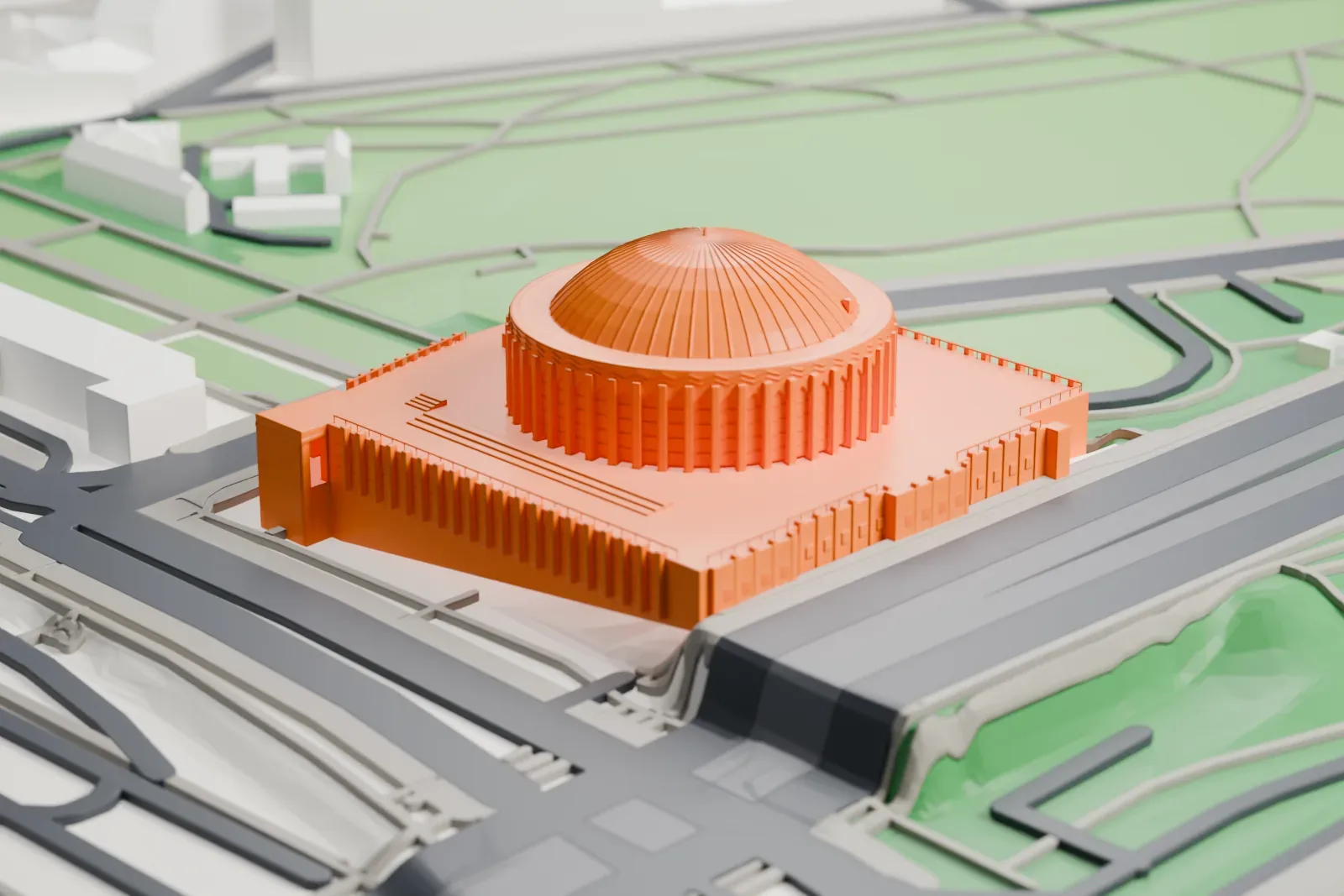 A white 3D print of Tonhalle Düsseldorf among the surrounding streets and buildings.