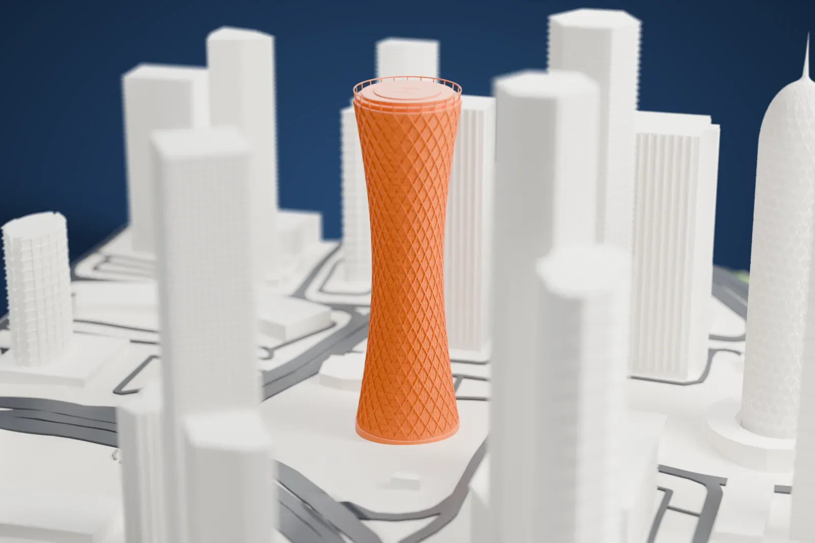 A white 3D print of Tornado Tower, a tall round tower narrowing to an hourglass waist, with a diagonal lattice skin and a ring at the top, standing among other high-rise towers and roads.