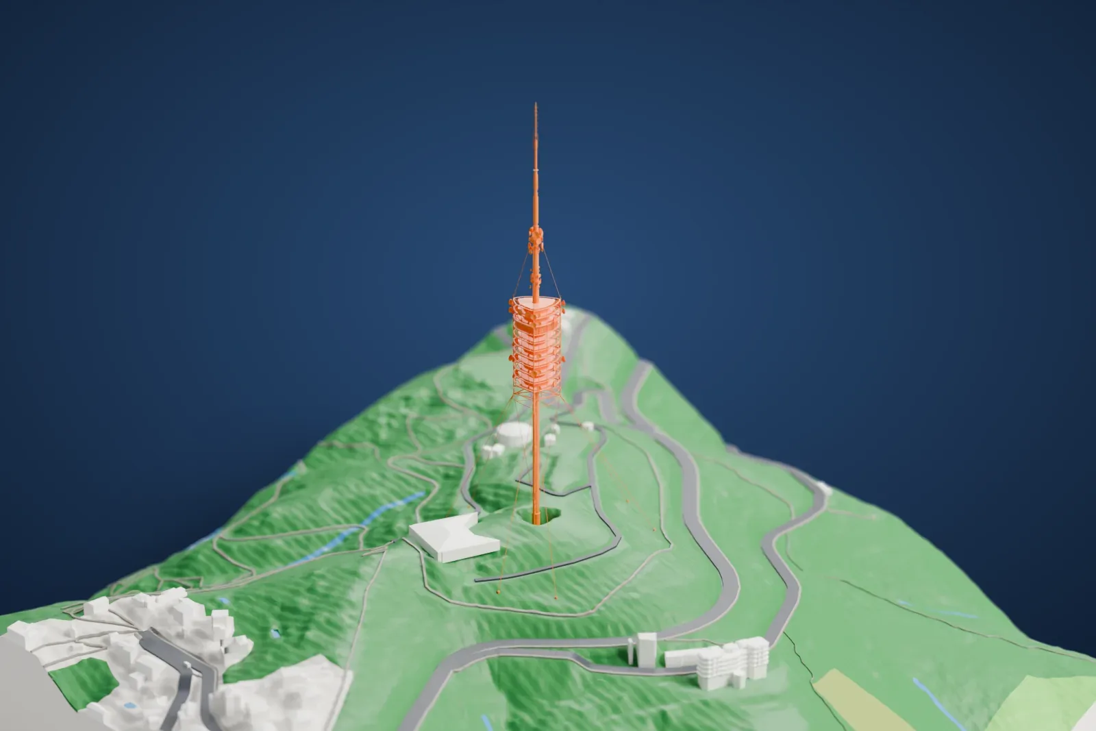 A white 3D print of the Torre de Collserola, a slender shaft with a thirteen-floor pod, dishes and a tall antenna mast, standing on a hill above the city.