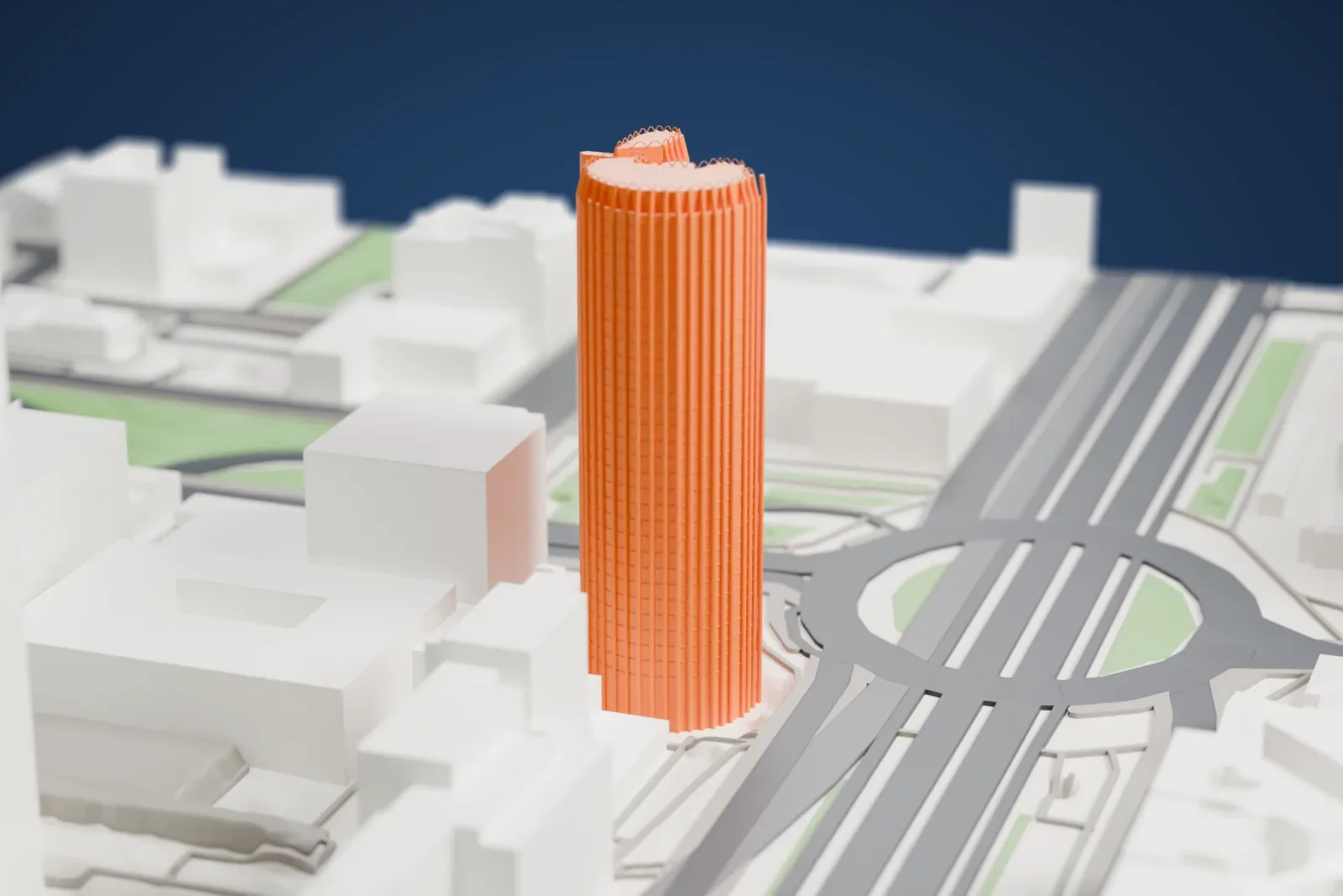A white 3D print of Torre Europa rising above the surrounding streets and buildings.