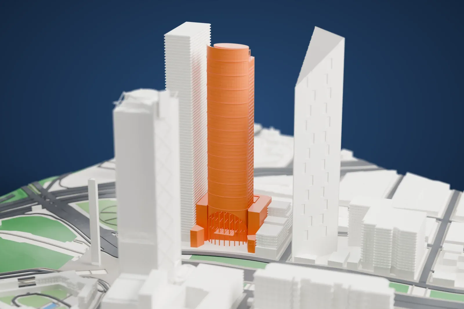A white 3D print of the Torre Mayor, a curved glass tower with a rooftop helipad, among taller neighbors and city streets.