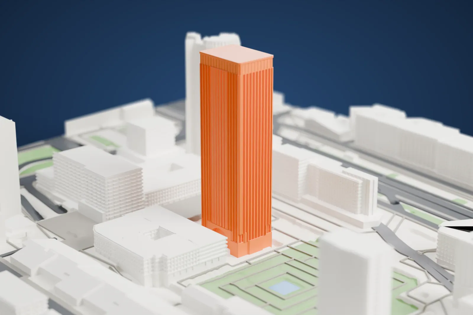 A white 3D print of Torre Picasso in Madrid, with the surrounding streets and buildings.