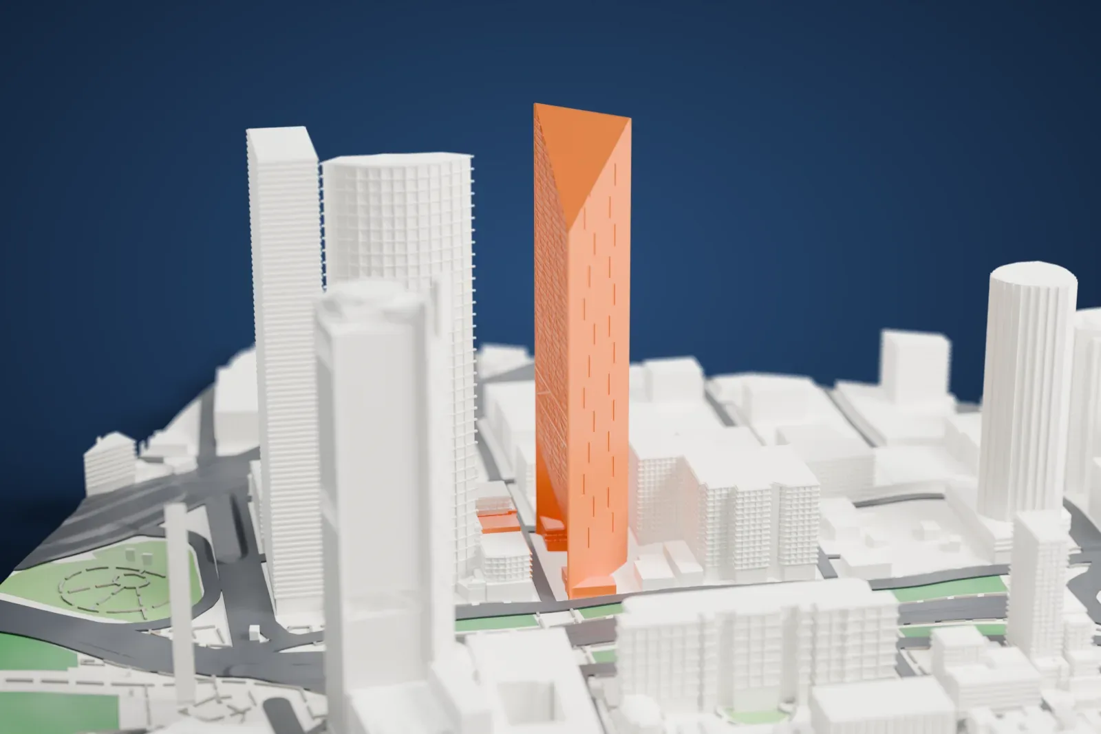 A white 3D print of Torre Reforma, a tall slim tower with a slanted wedge-shaped top, rising among other tall buildings, roads and green strips.