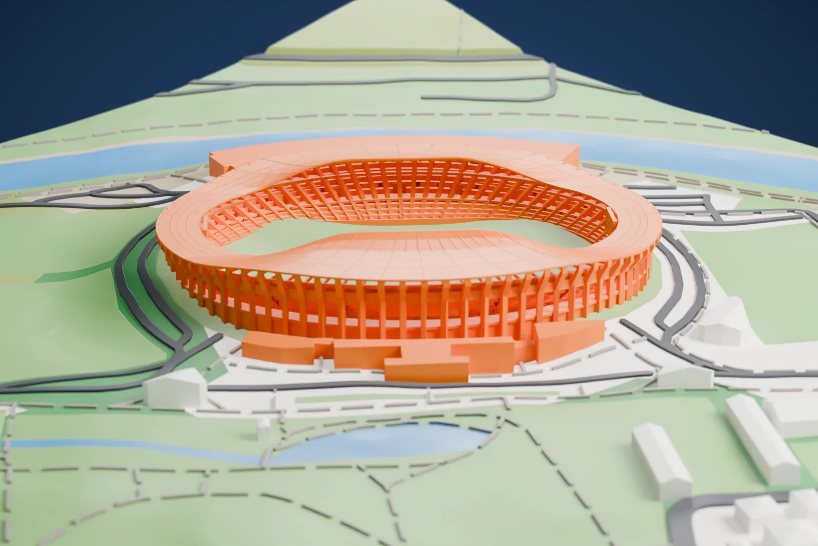 A white 3D print of the Toše Proeski Arena, a round stadium with a curving, wavy roof ring and a ribbed outer wall, surrounded by green parkland, water and low buildings.