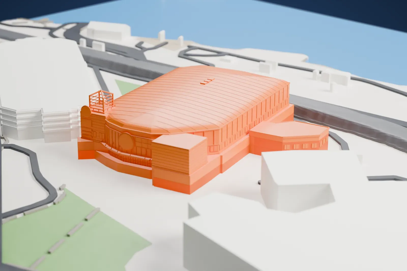 A white 3D print of Total Mortgage Arena, a long building with a curved ribbed roof, surrounded by roads and a larger multi-level building.