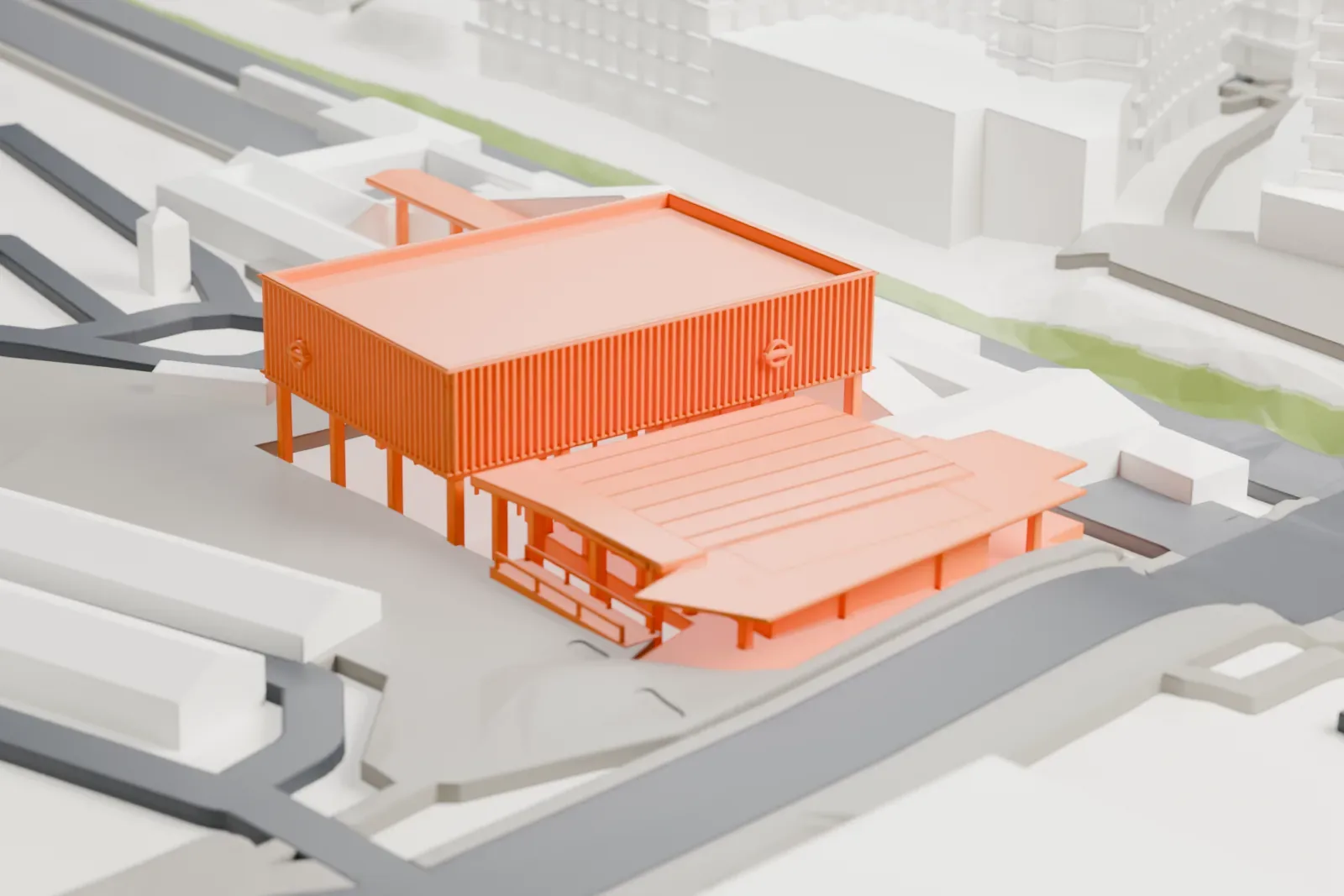 A white 3D print of Tottenham Hale station with the surrounding streets and buildings.