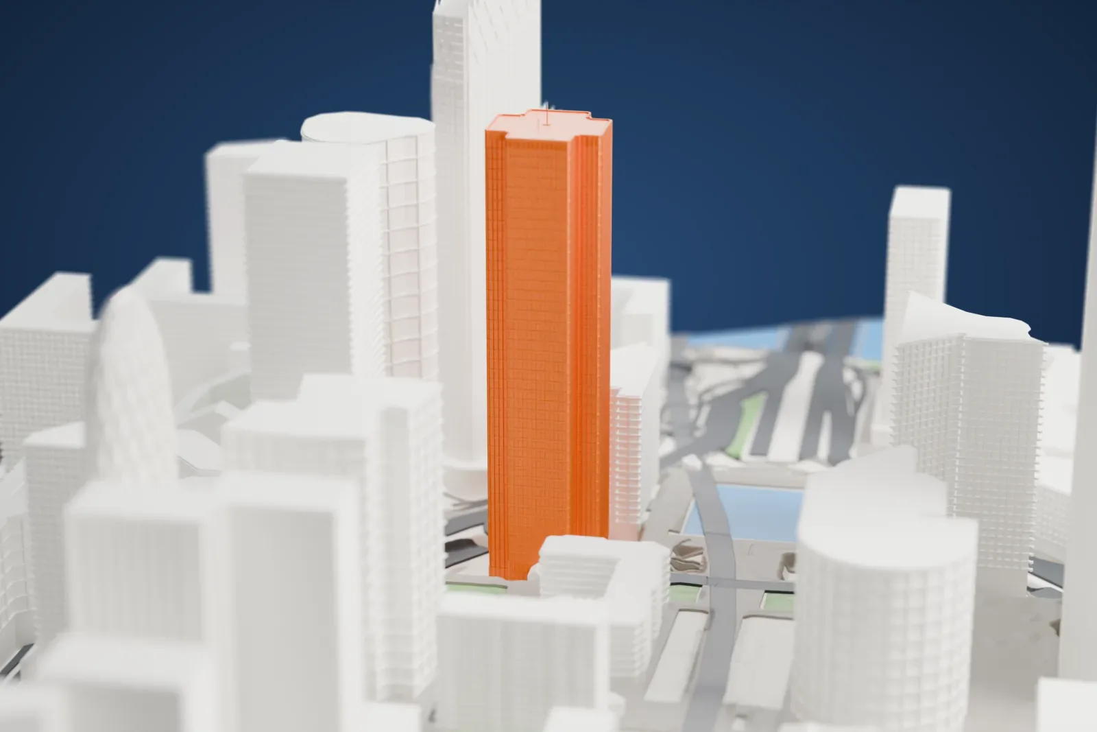 A white 3D print of Tour CB21, a tall slender tower with a cross-shaped crown, among the surrounding towers of La Défense.