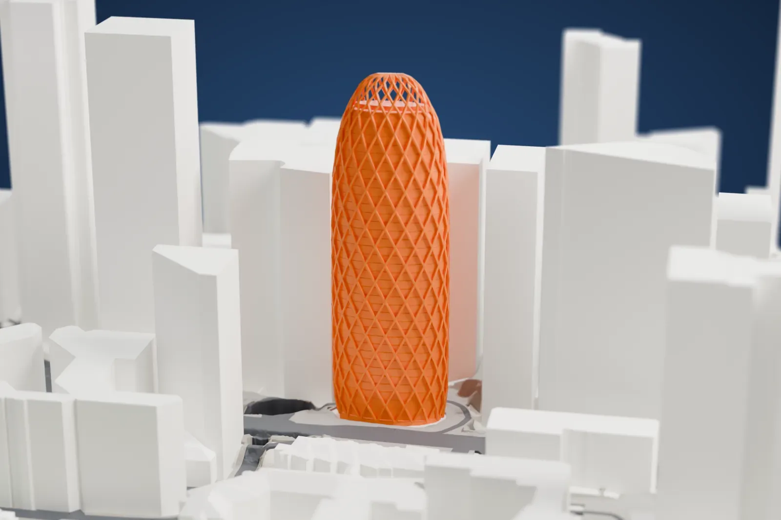 A white 3D print of the Tour D2 among the surrounding buildings of the La Défense business district.
