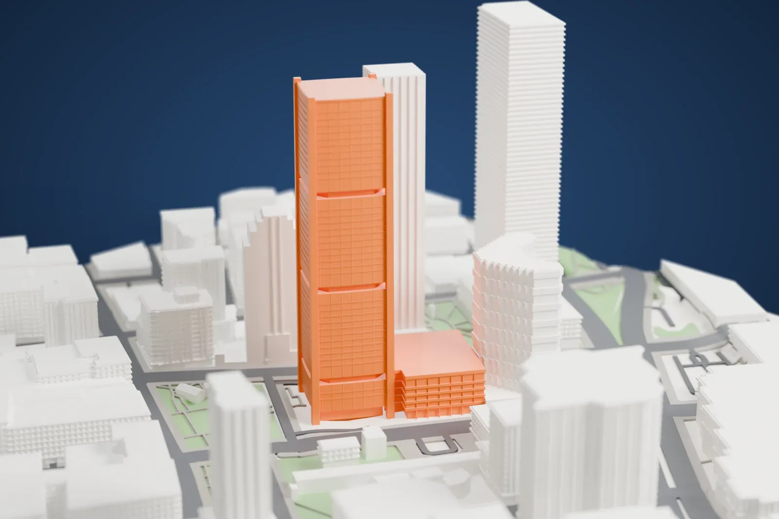 A white 3D print of the Tour de la Bourse, a tall skyscraper, surrounded by streets and buildings.