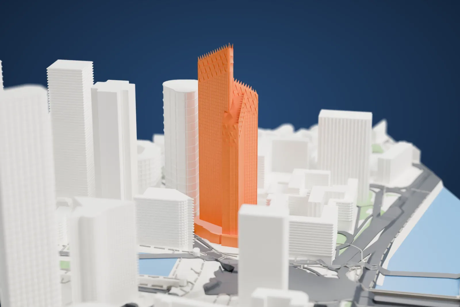 A white 3D print of Tour First, a tall slender tower with a stepped, faceted crown and small angled fins, among other high-rise towers with water nearby.