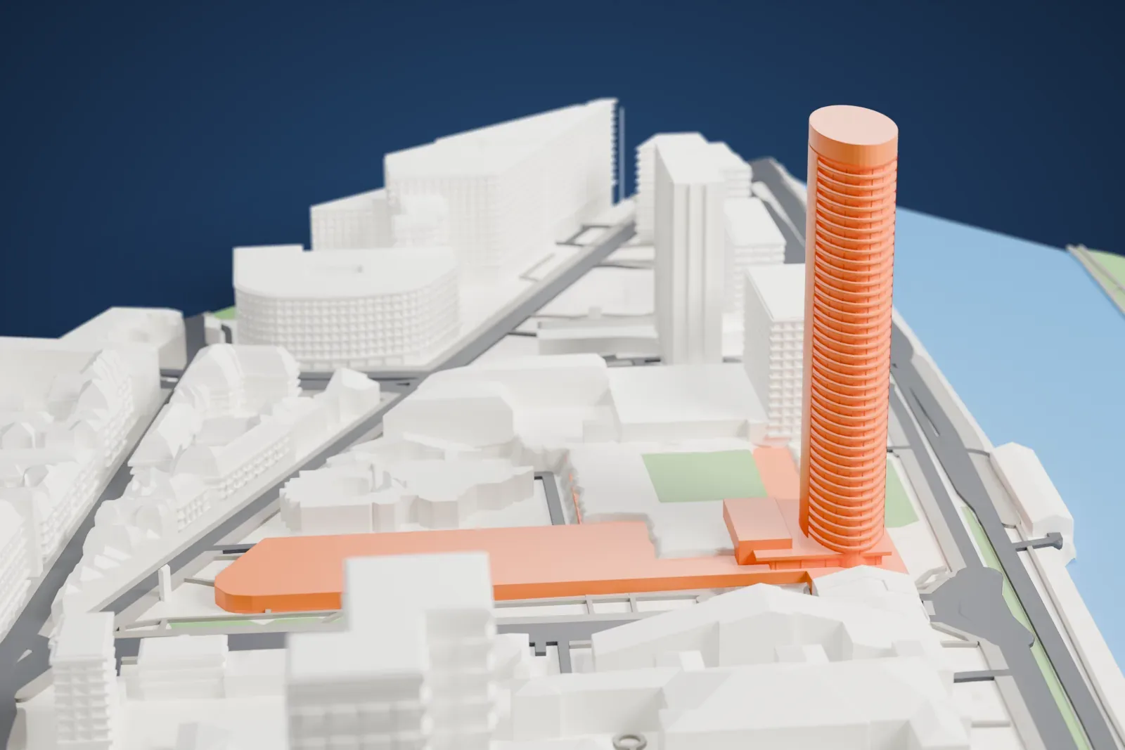 A white 3D print of Tour France with the surrounding streets and buildings.